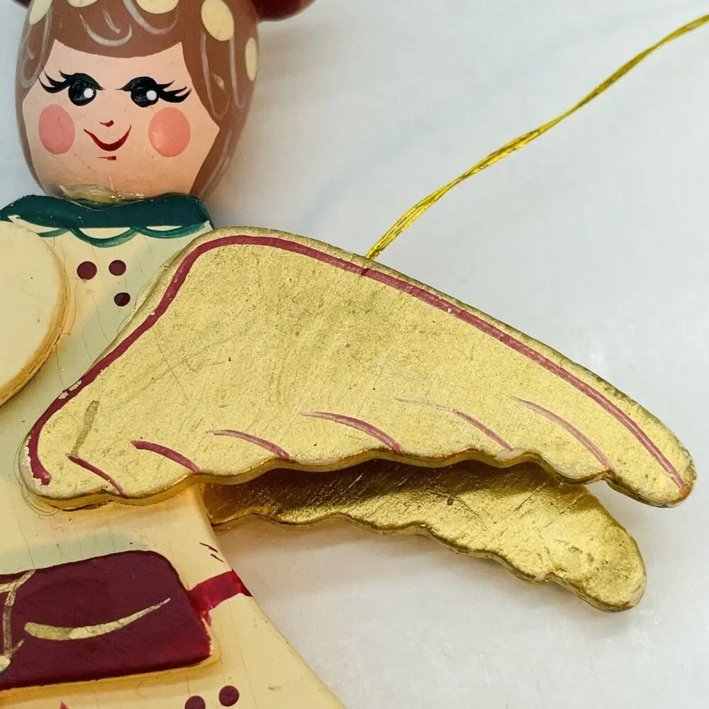 Vintage Whimsical Wooden Angel Gold Wings Handmade Christmas Old Charm Ornament
